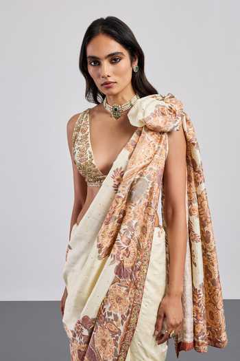 Shop RI.Ritu Kumar Beige , Satin V-neck Floral Print Saree With Blouse Online at Aza Fashions Shop_RI.Ritu Kumar_Beige , Satin V-neck Floral Print Saree With Blouse _Online_at_Aza_Fashions