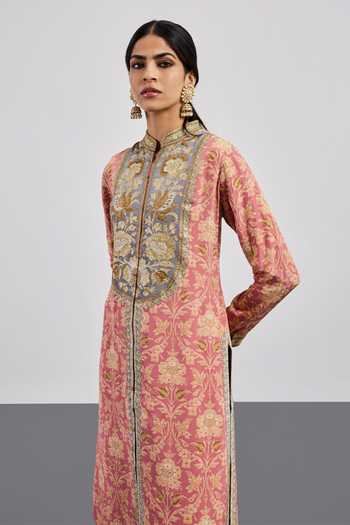 RI.Ritu Kumar Pink Silk, Crepe, Viscose, Rayon, Chinon Mandarin Yoke Embroidered Kurta Set at Aza Fashions RI.Ritu Kumar_Pink Silk, Crepe, Viscose, Rayon, Chinon Mandarin Yoke Embroidered Kurta Set _at_Aza_Fashions