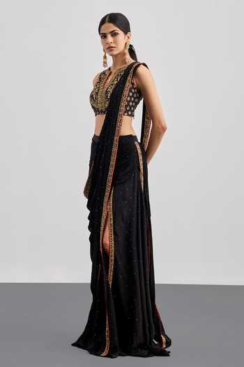 RI.Ritu Kumar Black Crepe, Viscose, Rayon, Silk, Dupion Albina Pre-draped Saree With Blouse Online at Aza Fashions RI.Ritu Kumar_Black Crepe, Viscose, Rayon, Silk, Dupion Albina Pre-draped Saree With Blouse _Online_at_Aza_Fashions