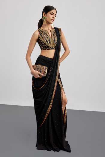 Buy RI.Ritu Kumar Black Crepe, Viscose, Rayon, Silk, Dupion Albina Pre-draped Saree With Blouse Online at Aza Fashions Buy_RI.Ritu Kumar_Black Crepe, Viscose, Rayon, Silk, Dupion Albina Pre-draped Saree With Blouse _Online_at_Aza_Fashions