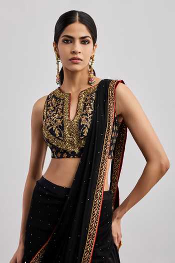 Shop RI.Ritu Kumar Black Crepe, Viscose, Rayon, Silk, Dupion Albina Pre-draped Saree With Blouse Online at Aza Fashions Shop_RI.Ritu Kumar_Black Crepe, Viscose, Rayon, Silk, Dupion Albina Pre-draped Saree With Blouse _Online_at_Aza_Fashions