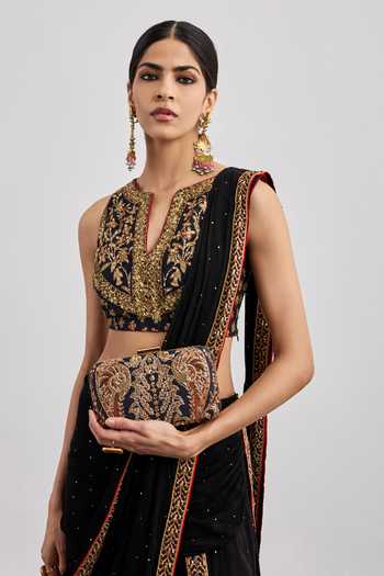 RI.Ritu Kumar Black Crepe, Viscose, Rayon, Silk, Dupion Albina Pre-draped Saree With Blouse at Aza Fashions RI.Ritu Kumar_Black Crepe, Viscose, Rayon, Silk, Dupion Albina Pre-draped Saree With Blouse _at_Aza_Fashions