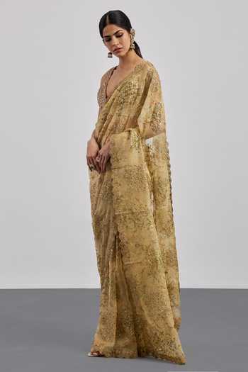 RI.Ritu Kumar Beige Silk Organza, Silk, Viscose, Tissue V-neck Sequin Work Saree With Blouse Online at Aza Fashions RI.Ritu Kumar_Beige Silk Organza, Silk, Viscose, Tissue V-neck Sequin Work Saree With Blouse _Online_at_Aza_Fashions