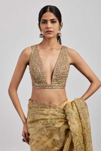 Shop RI.Ritu Kumar Beige Silk Organza, Silk, Viscose, Tissue V-neck Sequin Work Saree With Blouse Online at Aza Fashions Shop_RI.Ritu Kumar_Beige Silk Organza, Silk, Viscose, Tissue V-neck Sequin Work Saree With Blouse _Online_at_Aza_Fashions