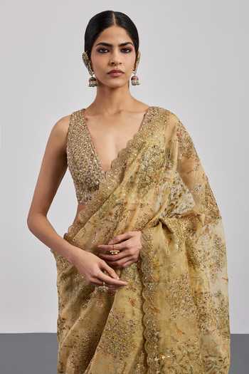RI.Ritu Kumar Beige Silk Organza, Silk, Viscose, Tissue V-neck Sequin Work Saree With Blouse at Aza Fashions RI.Ritu Kumar_Beige Silk Organza, Silk, Viscose, Tissue V-neck Sequin Work Saree With Blouse _at_Aza_Fashions