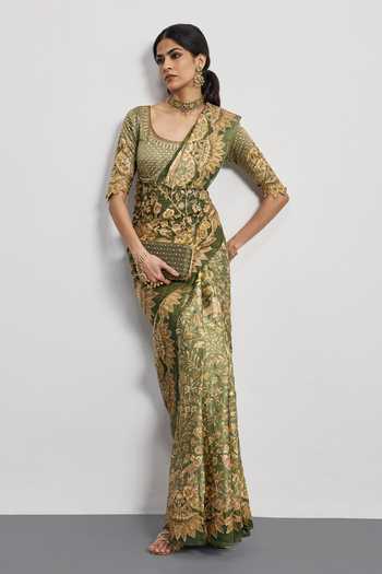 RI.Ritu Kumar Green Silk Satin Leaf Print Saree With Unstitched Blouse Piece Online at Aza Fashions RI.Ritu Kumar_Green Silk Satin Leaf Print Saree With Unstitched Blouse Piece _Online_at_Aza_Fashions