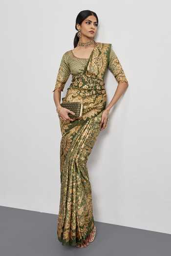 Buy RI.Ritu Kumar Green Silk Satin Leaf Print Saree With Unstitched Blouse Piece Online at Aza Fashions Buy_RI.Ritu Kumar_Green Silk Satin Leaf Print Saree With Unstitched Blouse Piece _Online_at_Aza_Fashions