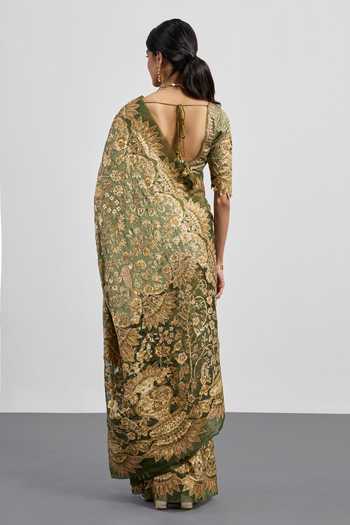 RI.Ritu Kumar Leaf Print Saree With Unstitched Blouse Piece 