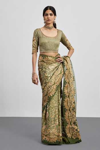 Shop RI.Ritu Kumar Green Silk Satin Leaf Print Saree With Unstitched Blouse Piece Online at Aza Fashions Shop_RI.Ritu Kumar_Green Silk Satin Leaf Print Saree With Unstitched Blouse Piece _Online_at_Aza_Fashions