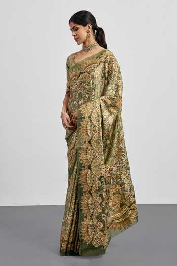 RI.Ritu Kumar Green Silk Satin Leaf Print Saree With Unstitched Blouse Piece at Aza Fashions RI.Ritu Kumar_Green Silk Satin Leaf Print Saree With Unstitched Blouse Piece _at_Aza_Fashions