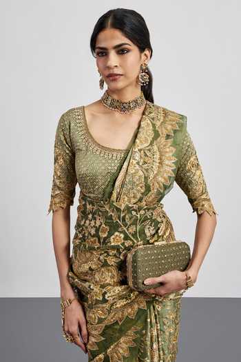 Buy RI.Ritu Kumar Green Silk Satin Leaf Print Saree With Unstitched Blouse Piece Buy_RI.Ritu Kumar_Green Silk Satin Leaf Print Saree With Unstitched Blouse Piece