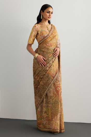 RI.Ritu Kumar Multi Color Silk Satin Sweetheart Neck Patchwork Saree With Blouse Online at Aza Fashions RI.Ritu Kumar_Multi Color Silk Satin Sweetheart Neck Patchwork Saree With Blouse _Online_at_Aza_Fashions