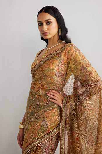 Buy RI.Ritu Kumar Multi Color Silk Satin Sweetheart Neck Patchwork Saree With Blouse Buy_RI.Ritu Kumar_Multi Color Silk Satin Sweetheart Neck Patchwork Saree With Blouse