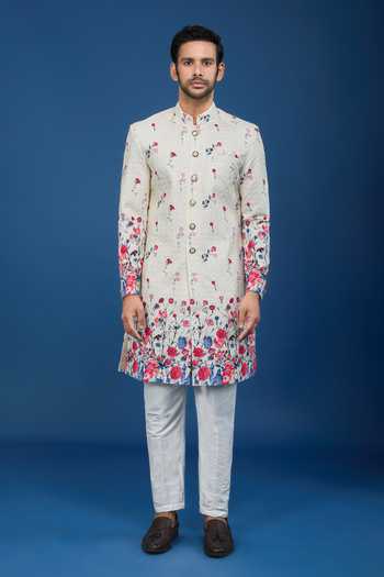 Arihant Rai Sinha Off White Silk, Polyester, Viscose Embroidery Floral Pattern Sherwani Set at Aza Fashions Arihant Rai Sinha_Off White Silk, Polyester, Viscose Embroidery Floral Pattern Sherwani Set _at_Aza_Fashions