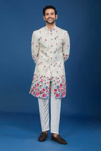 Buy Arihant Rai Sinha Off White Silk, Polyester, Viscose Embroidery Floral Pattern Sherwani Set Buy_Arihant Rai Sinha_Off White Silk, Polyester, Viscose Embroidery Floral Pattern Sherwani Set
