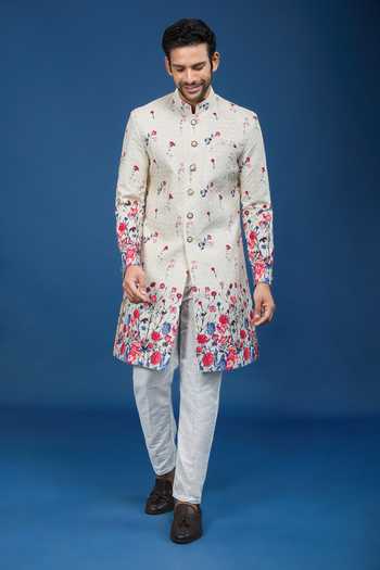 Shop Arihant Rai Sinha Off White Silk, Polyester, Viscose Embroidery Floral Pattern Sherwani Set Shop_Arihant Rai Sinha_Off White Silk, Polyester, Viscose Embroidery Floral Pattern Sherwani Set