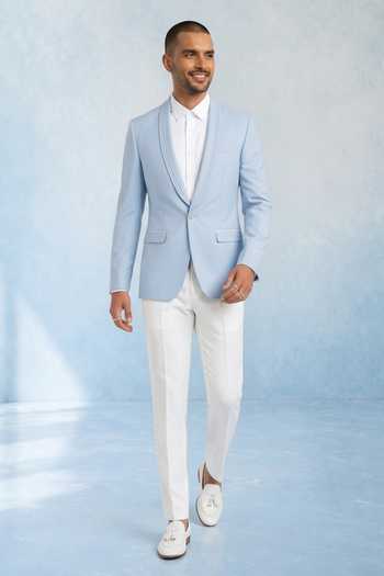 Bubber Couture Blue Crepe, Wool Aurel Straight Blazer Online at Aza Fashions Bubber Couture_Blue Crepe, Wool Aurel Straight Blazer _Online_at_Aza_Fashions