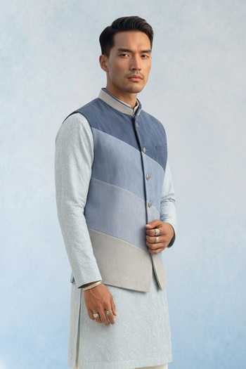 Bubber Couture Blue Denim Tai Colorblock Nehru Jacket Online at Aza Fashions Bubber Couture_Blue Denim Tai Colorblock Nehru Jacket _Online_at_Aza_Fashions