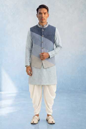 Buy Bubber Couture Blue Denim Tai Colorblock Nehru Jacket Online at Aza Fashions Buy_Bubber Couture_Blue Denim Tai Colorblock Nehru Jacket _Online_at_Aza_Fashions