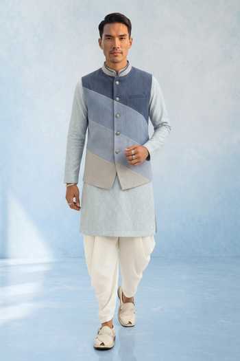 Shop Bubber Couture Blue Denim Tai Colorblock Nehru Jacket Online at Aza Fashions Shop_Bubber Couture_Blue Denim Tai Colorblock Nehru Jacket _Online_at_Aza_Fashions