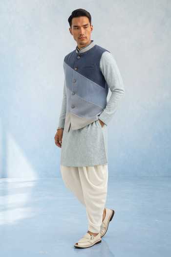 Bubber Couture Blue Denim Tai Colorblock Nehru Jacket at Aza Fashions Bubber Couture_Blue Denim Tai Colorblock Nehru Jacket _at_Aza_Fashions