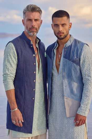 Buy Bubber Couture Blue Denim Tai Colorblock Nehru Jacket Buy_Bubber Couture_Blue Denim Tai Colorblock Nehru Jacket