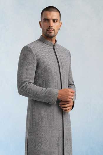 Shop Bubber Couture Grey Georgette Aelius Trellis Embroidered Sherwani Online at Aza Fashions Shop_Bubber Couture_Grey Georgette Aelius Trellis Embroidered Sherwani _Online_at_Aza_Fashions