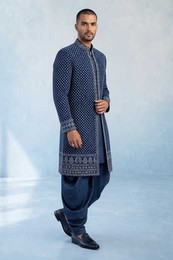 Bubber Couture Blue Georgette Helios Trellis Embroidered Sherwani Online at Aza Fashions Bubber Couture_Blue Georgette Helios Trellis Embroidered Sherwani _Online_at_Aza_Fashions