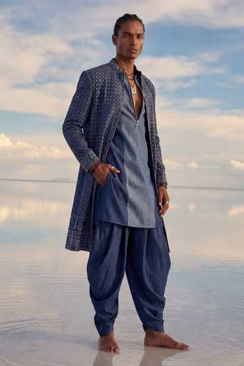 Buy Bubber Couture Blue Georgette Helios Trellis Embroidered Sherwani Online at Aza Fashions Buy_Bubber Couture_Blue Georgette Helios Trellis Embroidered Sherwani _Online_at_Aza_Fashions