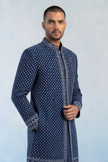 Shop Bubber Couture Blue Georgette Helios Trellis Embroidered Sherwani Online at Aza Fashions Shop_Bubber Couture_Blue Georgette Helios Trellis Embroidered Sherwani _Online_at_Aza_Fashions