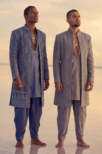 Bubber Couture Blue Georgette Helios Trellis Embroidered Sherwani at Aza Fashions Bubber Couture_Blue Georgette Helios Trellis Embroidered Sherwani _at_Aza_Fashions