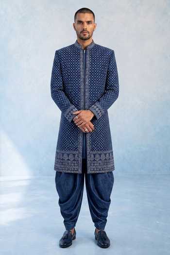 Buy Bubber Couture Blue Georgette Helios Trellis Embroidered Sherwani Buy_Bubber Couture_Blue Georgette Helios Trellis Embroidered Sherwani