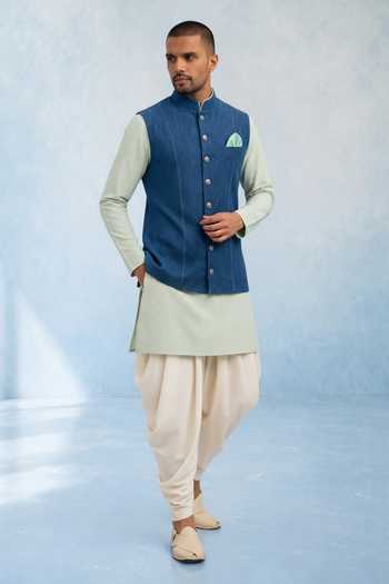 Bubber Couture Blue Denim Bosco Nehru Jacket Online at Aza Fashions Bubber Couture_Blue Denim Bosco Nehru Jacket _Online_at_Aza_Fashions