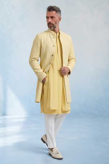 Bubber Couture Yellow Silk, Cotton Solaris Starrio Embroidered Sherwani Jacket Online at Aza Fashions Bubber Couture_Yellow Silk, Cotton Solaris Starrio Embroidered Sherwani Jacket _Online_at_Aza_Fashions