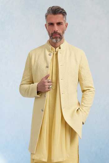 Buy Bubber Couture Yellow Silk, Cotton Solaris Starrio Embroidered Sherwani Jacket Online at Aza Fashions Buy_Bubber Couture_Yellow Silk, Cotton Solaris Starrio Embroidered Sherwani Jacket _Online_at_Aza_Fashions