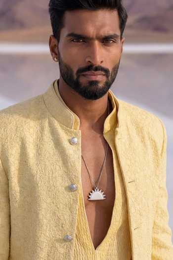 Shop Bubber Couture Yellow Silk, Cotton Solaris Starrio Embroidered Sherwani Jacket Online at Aza Fashions Shop_Bubber Couture_Yellow Silk, Cotton Solaris Starrio Embroidered Sherwani Jacket _Online_at_Aza_Fashions