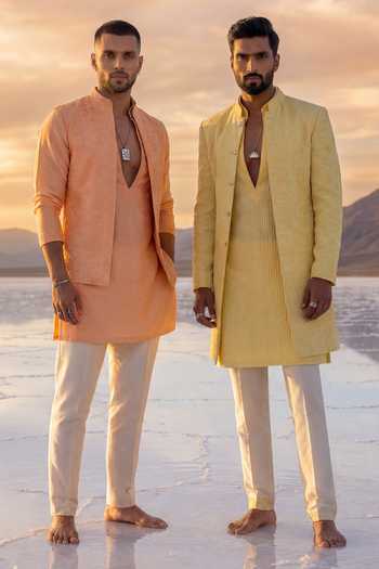 Bubber Couture Yellow Silk, Cotton Solaris Starrio Embroidered Sherwani Jacket at Aza Fashions Bubber Couture_Yellow Silk, Cotton Solaris Starrio Embroidered Sherwani Jacket _at_Aza_Fashions