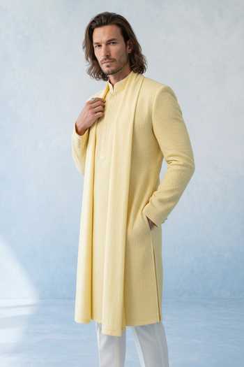 Shop Bubber Couture Yellow Silk, Cotton Icaro Wave Textured Kurta Set Online at Aza Fashions Shop_Bubber Couture_Yellow Silk, Cotton Icaro Wave Textured Kurta Set _Online_at_Aza_Fashions