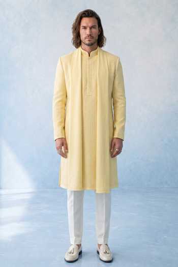 Bubber Couture Yellow Silk, Cotton Icaro Wave Textured Kurta Set at Aza Fashions Bubber Couture_Yellow Silk, Cotton Icaro Wave Textured Kurta Set _at_Aza_Fashions