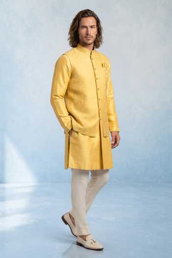 Bubber Couture Yellow Silk, Jacquard Aelio Floral Damask Layered Kurta Set Online at Aza Fashions Bubber Couture_Yellow Silk, Jacquard Aelio Floral Damask Layered Kurta Set _Online_at_Aza_Fashions