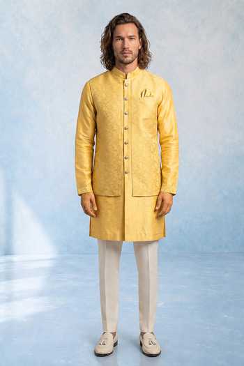 Shop Bubber Couture Yellow Silk, Jacquard Aelio Floral Damask Layered Kurta Set Online at Aza Fashions Shop_Bubber Couture_Yellow Silk, Jacquard Aelio Floral Damask Layered Kurta Set _Online_at_Aza_Fashions
