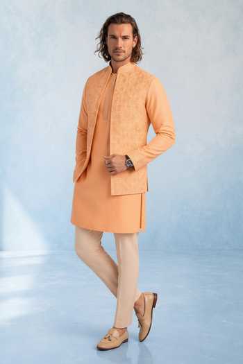 Bubber Couture Peach Silk, Cotton Helio Imperial Thread Work Nehru Jacket Online at Aza Fashions Bubber Couture_Peach Silk, Cotton Helio Imperial Thread Work Nehru Jacket _Online_at_Aza_Fashions