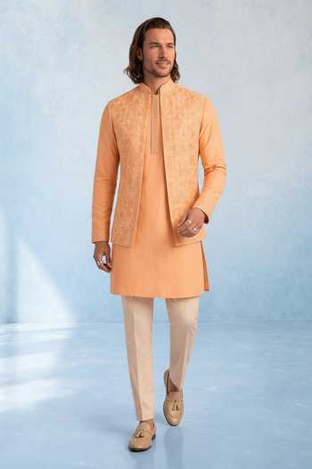 Buy Bubber Couture Peach Silk, Cotton Helio Imperial Thread Work Nehru Jacket Online at Aza Fashions Buy_Bubber Couture_Peach Silk, Cotton Helio Imperial Thread Work Nehru Jacket _Online_at_Aza_Fashions