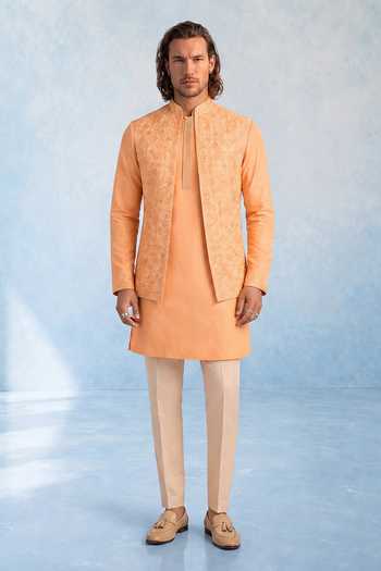 Shop Bubber Couture Peach Silk, Cotton Helio Imperial Thread Work Nehru Jacket Online at Aza Fashions Shop_Bubber Couture_Peach Silk, Cotton Helio Imperial Thread Work Nehru Jacket _Online_at_Aza_Fashions