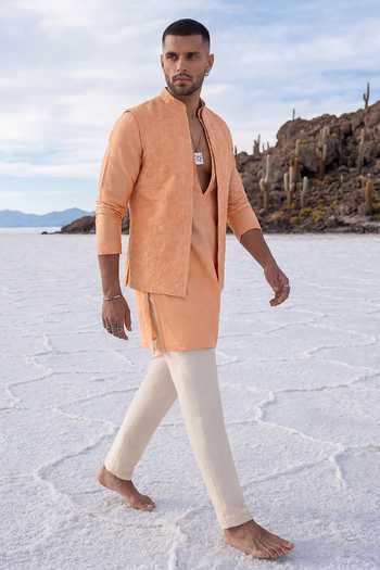 Buy Bubber Couture Peach Silk, Cotton Helio Imperial Thread Work Nehru Jacket Buy_Bubber Couture_Peach Silk, Cotton Helio Imperial Thread Work Nehru Jacket