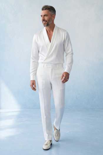 Bubber Couture Off White Cotton Satin Auric Draped Shirt Online at Aza Fashions Bubber Couture_Off White Cotton Satin Auric Draped Shirt _Online_at_Aza_Fashions