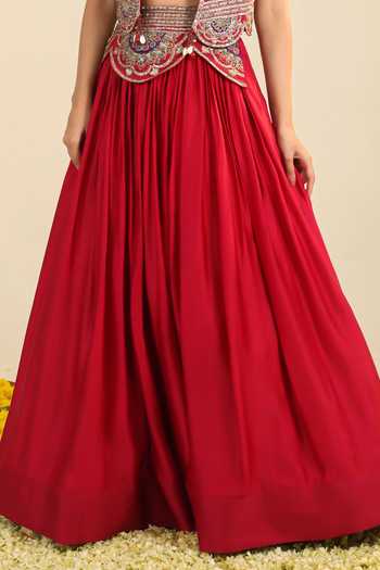 Buy Roohbyridhimaa Red Silk Satin, Organza Scoop Neck, Deep Ira Embroidered Jacket Lehenga Set Online at Aza Fashions Buy_Roohbyridhimaa_Red Silk Satin, Organza Scoop Neck, Deep Ira Embroidered Jacket Lehenga Set _Online_at_Aza_Fashions