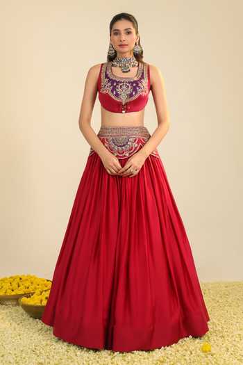 Roohbyridhimaa Deep Red Ira Embroidered Jacket Lehenga Set 