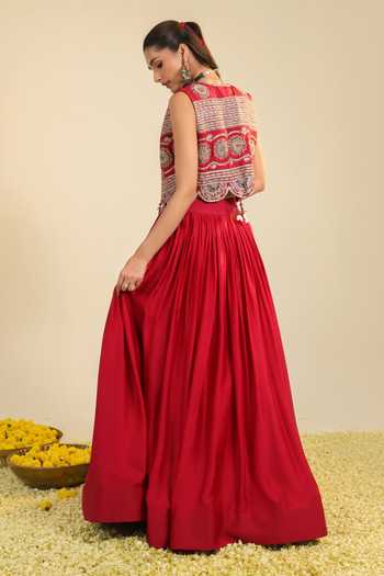 Roohbyridhimaa Deep Red Ira Embroidered Jacket Lehenga Set 
