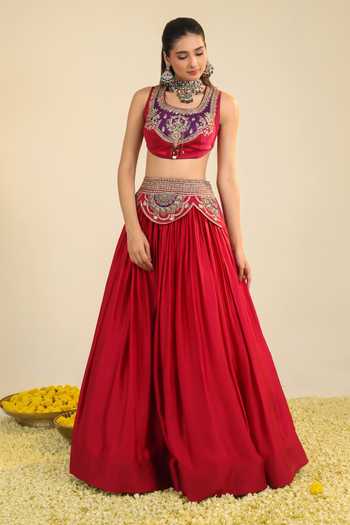 Shop Roohbyridhimaa Red Silk Satin, Organza Scoop Neck, Deep Ira Embroidered Jacket Lehenga Set Online at Aza Fashions Shop_Roohbyridhimaa_Red Silk Satin, Organza Scoop Neck, Deep Ira Embroidered Jacket Lehenga Set _Online_at_Aza_Fashions